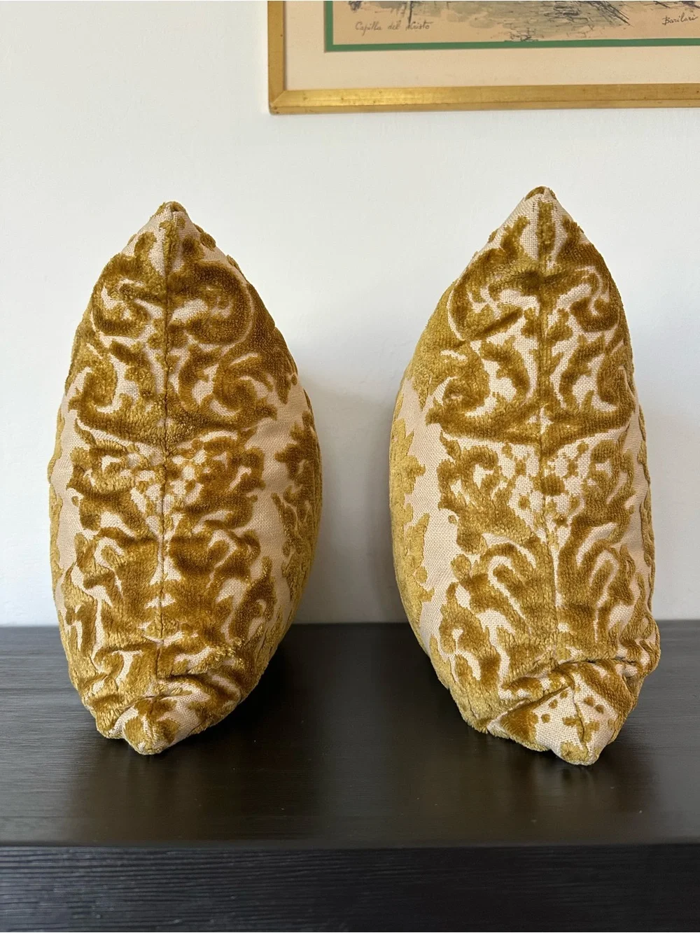 Pair of Vintage Gold Damask Chenille Velvet Decorative Pillows